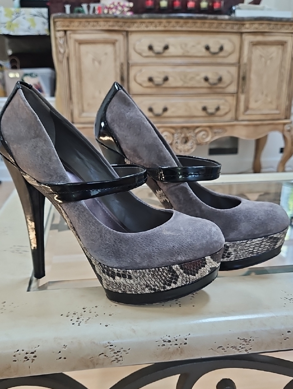 Jessica Simpson Gray Suede Platform Mary Jane Pumps with Black Patent Strap
